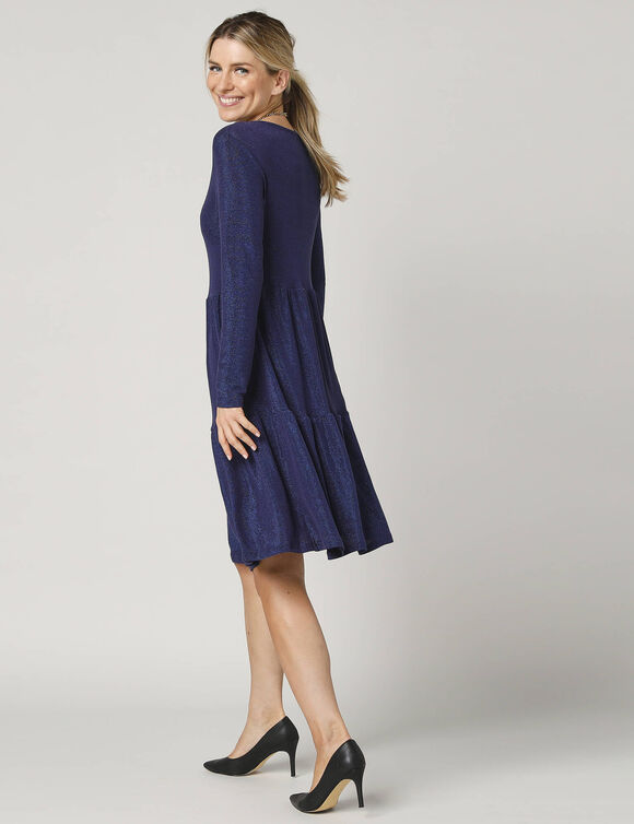 Robe courte évasée en maille brillante, manches longues (bleu dur)