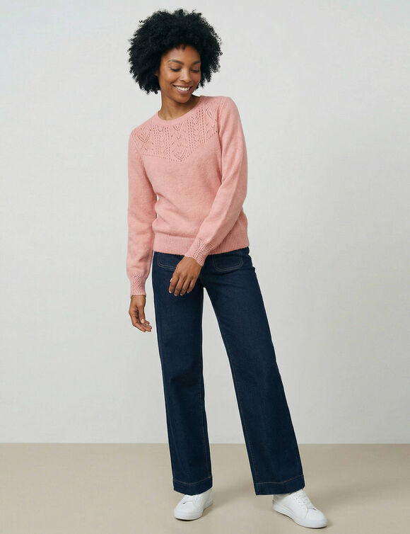 Pull col rond maille ajour&eacute;e, toucher doux (rose gris&eacute;)
