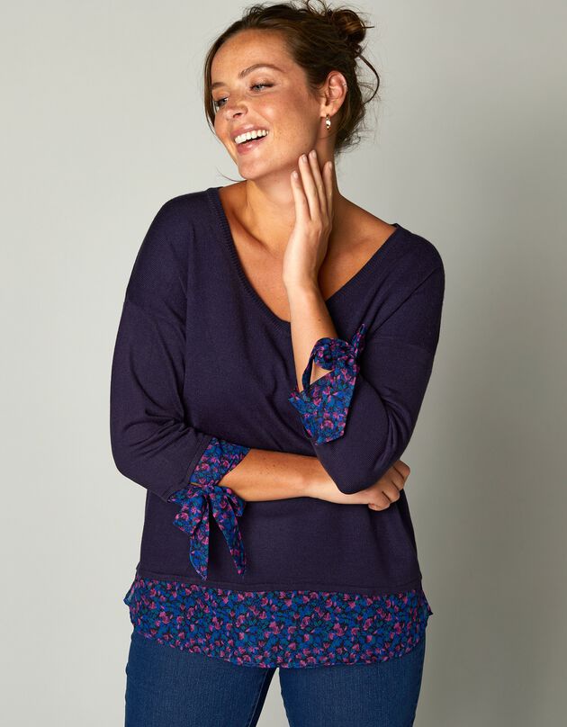 Pull bi-matière effet 2en1, toucher cachemire (marine)