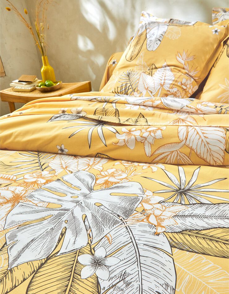 Bedlinnen Elyse in katoen met bloemen- en palmbladerenprint (honing)
