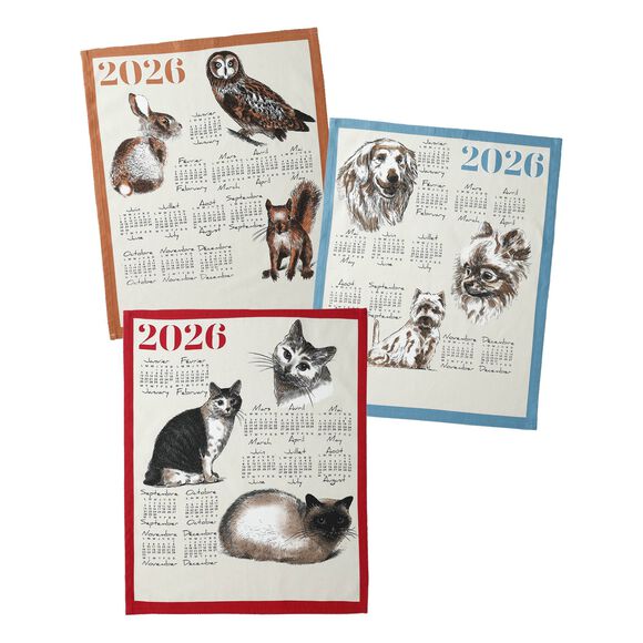 Kalenderdroogdoek : honden, katten, bergdieren - set van 3 (blauw + oranje + terracotta)