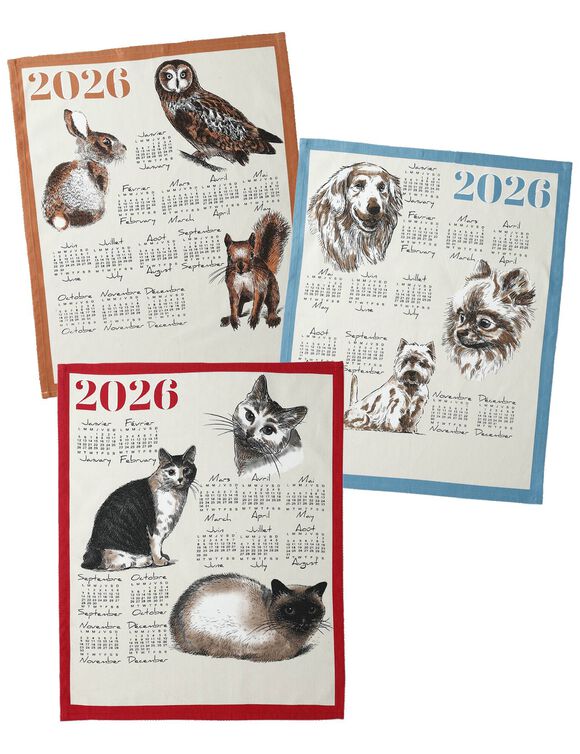 Torchon calendrier chiens chats animaux montagne - lot de 3 (bleu + orange + terracotta)
