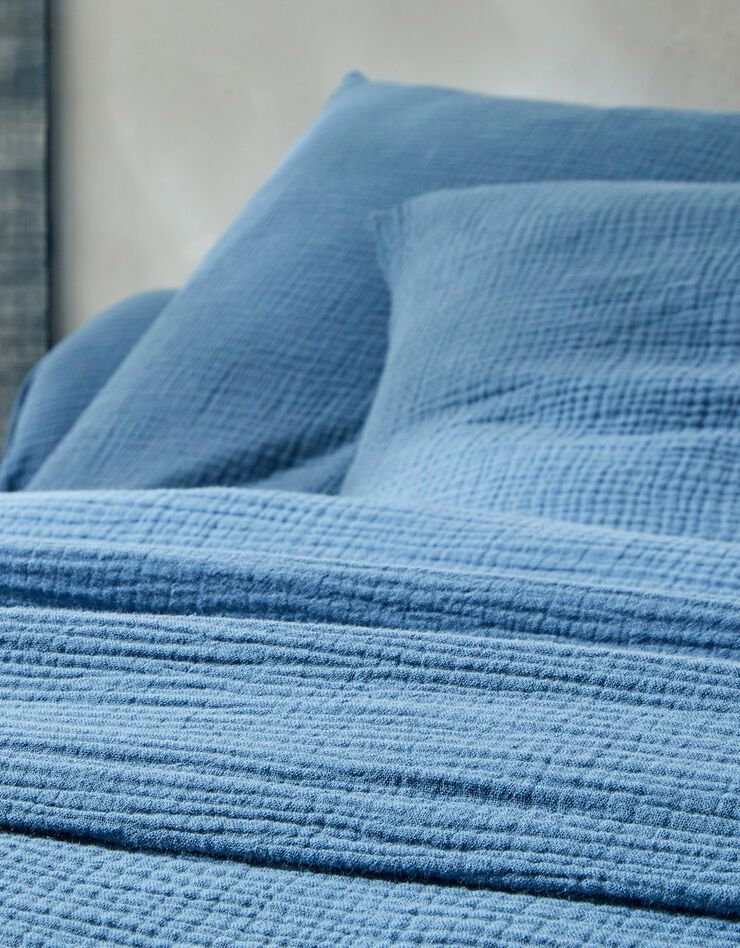 Linge de lit uni en triple gaze de coton (bleu)