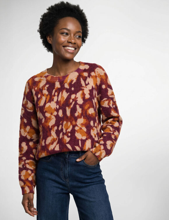 Trui met ronde hals van zacht gebreid materiaal, met bloemprint (pruim / beige)