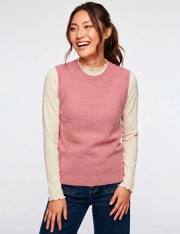 Pull col rond, sans manches, maille fantaisie (rose)