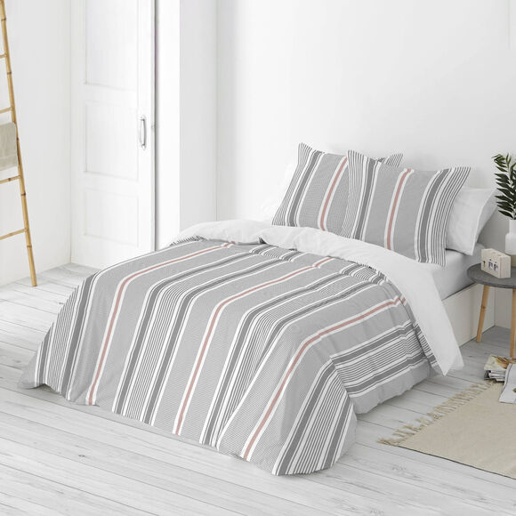 Linge de lit Alfred en coton imprim&eacute; rayures (gris)