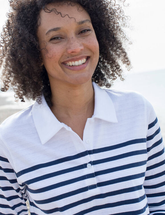Polo ray&eacute; maille jersey (blanc cass&eacute; / marine)