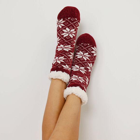 Chaussettes maille chenille fourr&eacute;es antid&eacute;rapantes  (bordeaux)