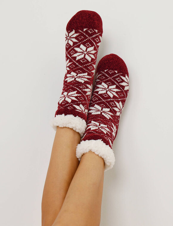 Chaussettes maille chenille fourrées antidérapantes  (bordeaux)