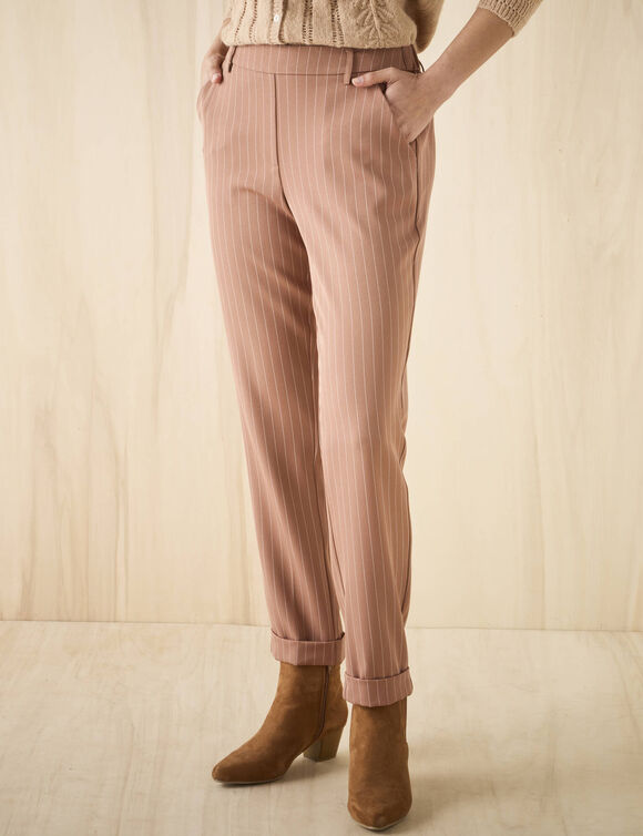 Gestreepte tapered 7/8-broek (hazelnootbruin / wit)