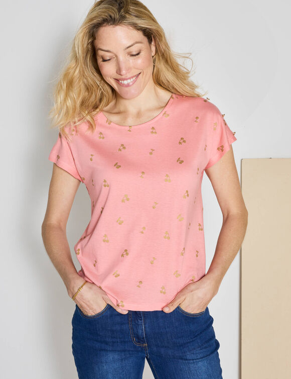 T-shirt col rond imprimé cerises dorées (corail / doré)