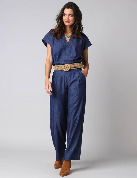 Blouse col V manches courtes denim l&eacute;ger (stone)