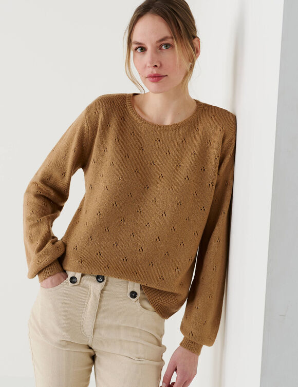 Trui met ronde hals, pointelle-breisel met een zachte touch (taupe)