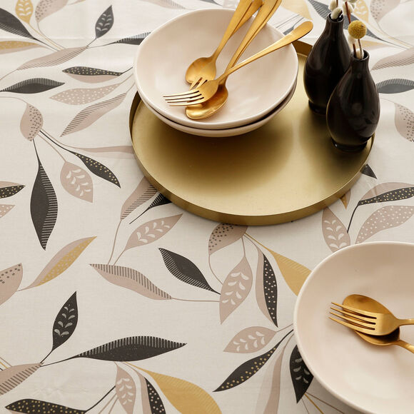 Nappe toile cirée imprimé végétal (beige / noir)