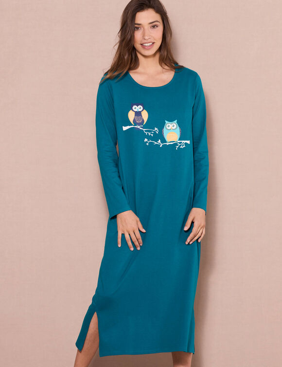 Chemise de nuit longue manches longues motif «hiboux» (vert sapin)
