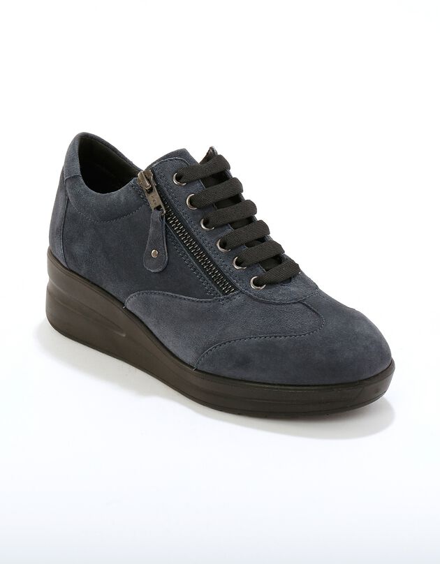 Baskets compensées confort en cuir certifié LWG (bleu grisé)