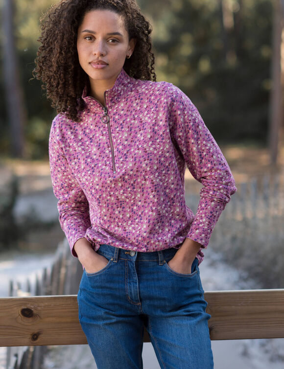 T-shirt col montant zippé imprimé (prune)