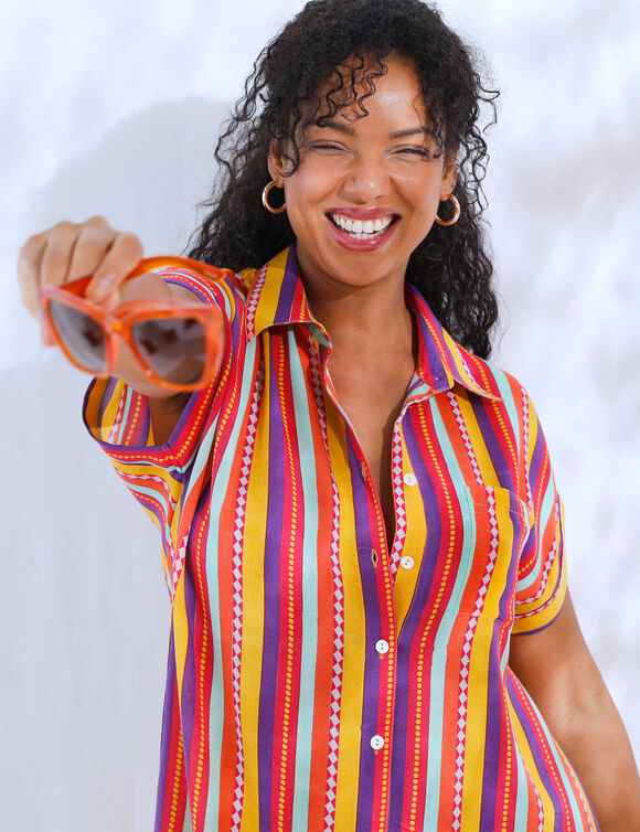 Robe-chemisier courte, crépon rayé multicolore (multicolore)