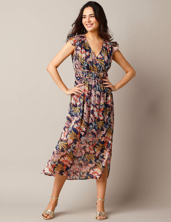 Robe manches courtes détails volantés, voile jacquard imprimé (marine / caramel)