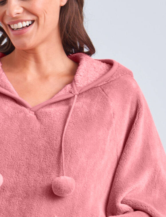 Poncho &agrave; capuche, maille polaire toucher peluche (rose poudr&eacute;)