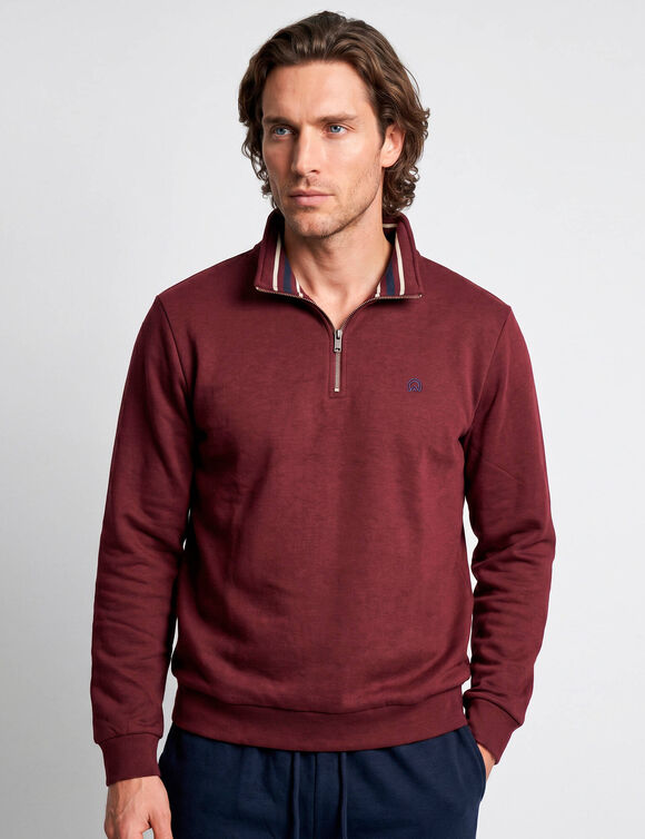 Sweatshirt met truckerhals en ritssluiting aan de binnenkant, gestreepte kraag (wijnrood)