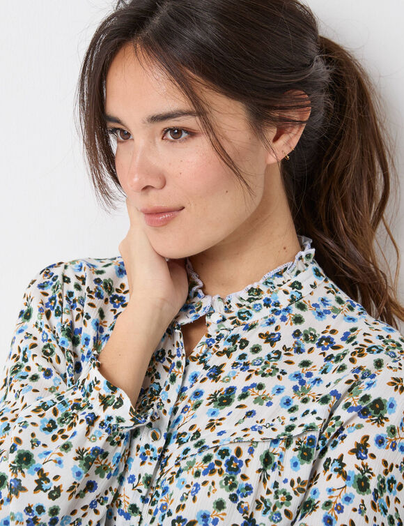 Chemisier volanté imprimé, crépon (écru / bleu)