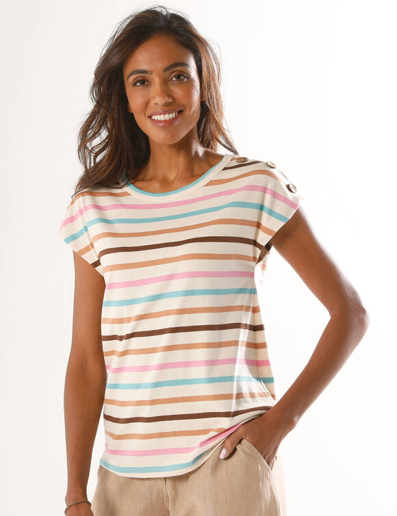 T-shirt rayé détail boutonné maille jersey (écru / multicolore)