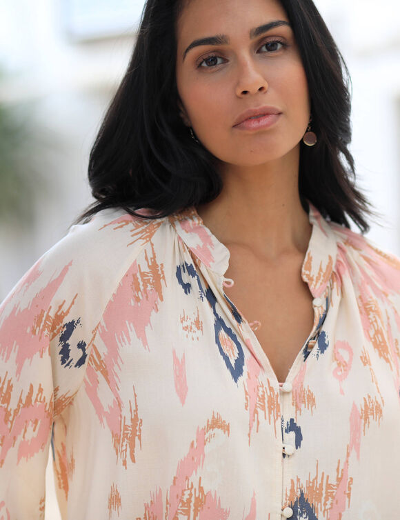 Chemisier ample imprimé, manches blousantes (beige / rose)