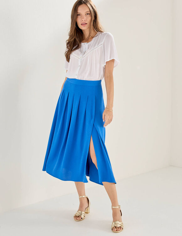 Jupe longue &agrave; plis, unie (bleu)