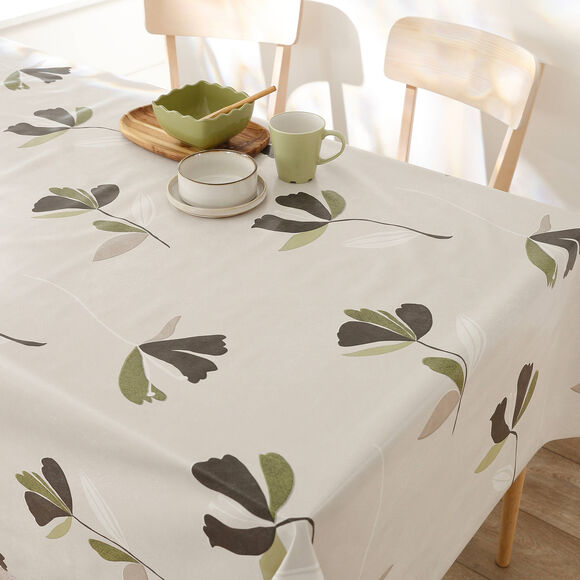 Tafellaken in toile cirée, bloemenprint (beige / groen)