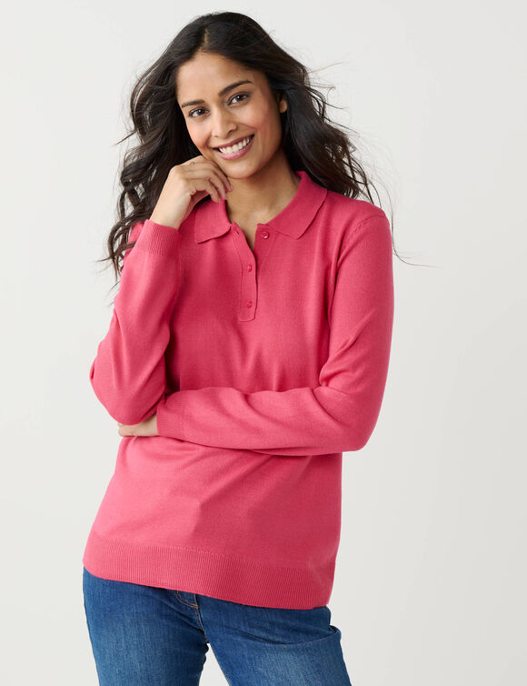 Pull col polo boutonn&eacute;, toucher doux (rose fuchsia)