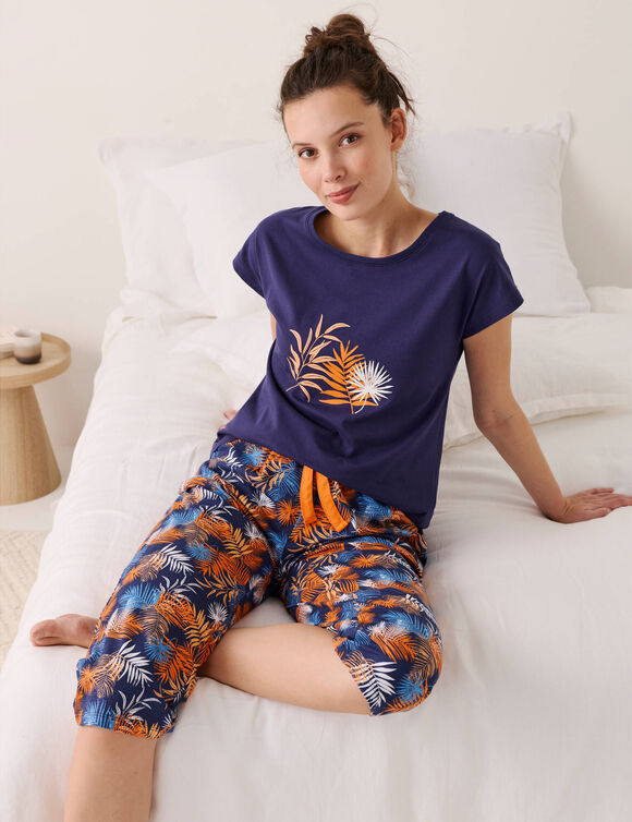 Pantacourt de pyjama en coton - imprim&eacute; tropical (marine / orange)