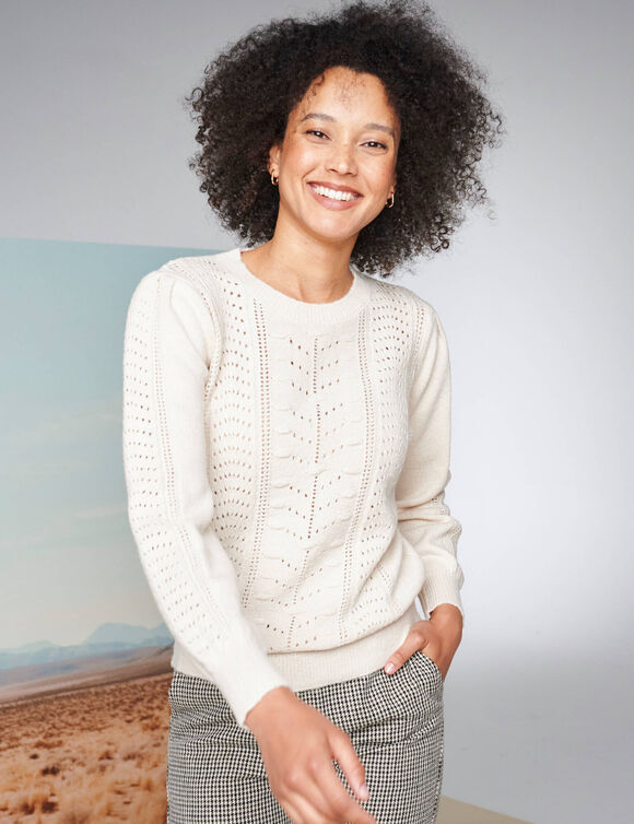 Pull col rond, maille fantaisie toucher doux (écru)