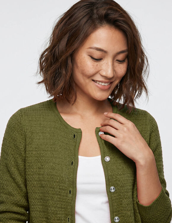 Cardigan uni maille fantaisie (vert olive)