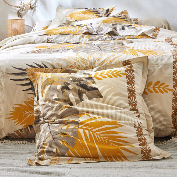 Linge de lit Cayenne imprim&eacute; feuilles de palmiers - coton 57 fils/cm&sup2; (beige)