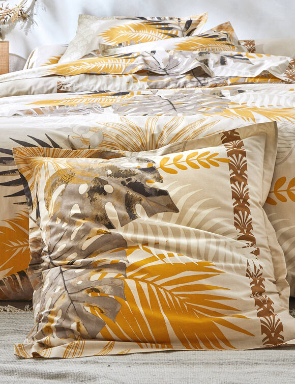 Linge de lit Cayenne imprim&eacute; feuilles de palmiers - coton 57 fils/cm&sup2; (beige)