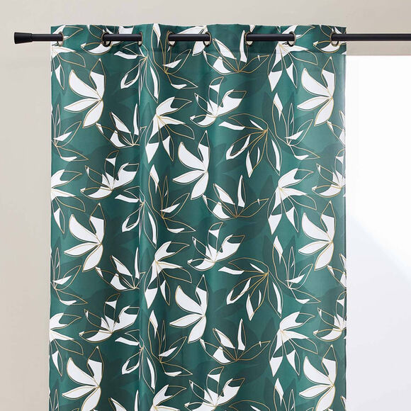 Gordijn met bladerenmotief, metallic details (smaragd / goudkleurig)