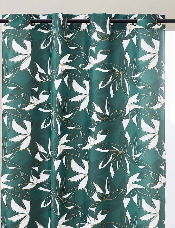 Rideau motif feuillage, d&eacute;tails m&eacute;tallis&eacute;s (&eacute;meraude / dor&eacute;)