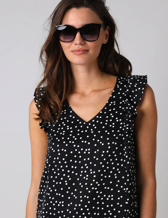 Robe courte col V imprim&eacute; pois, &agrave; mancherons volant&eacute;s (zwart / ecru)