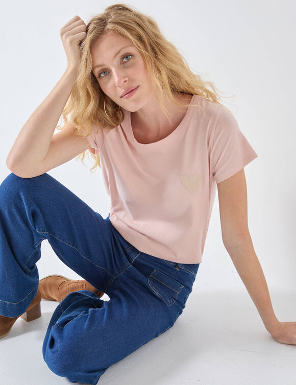 T-shirt uni brodé coeur manches courtes (rose pâle)