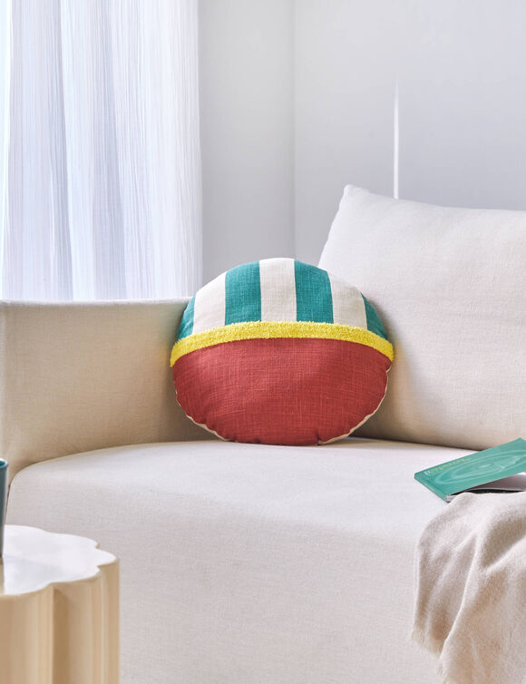 Coussin rond imprim&eacute; g&eacute;om&eacute;trique (vert / terracotta)