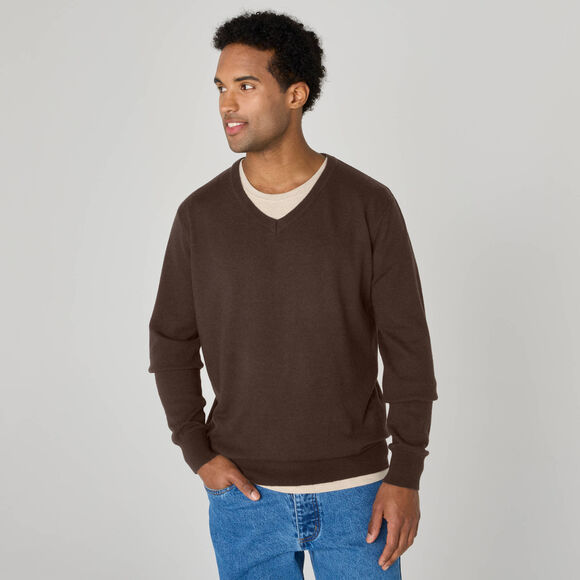 Trui met V-hals, 80% wol (bruin)