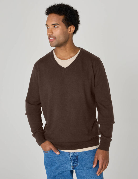Trui met V-hals, 80% wol (bruin)