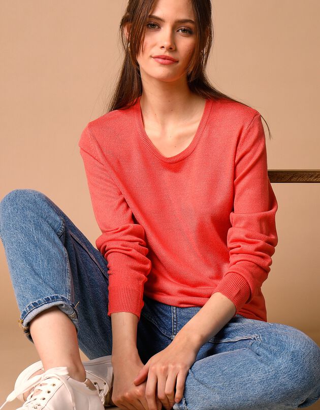 Pull col rond uni toucher cachemire (corail)