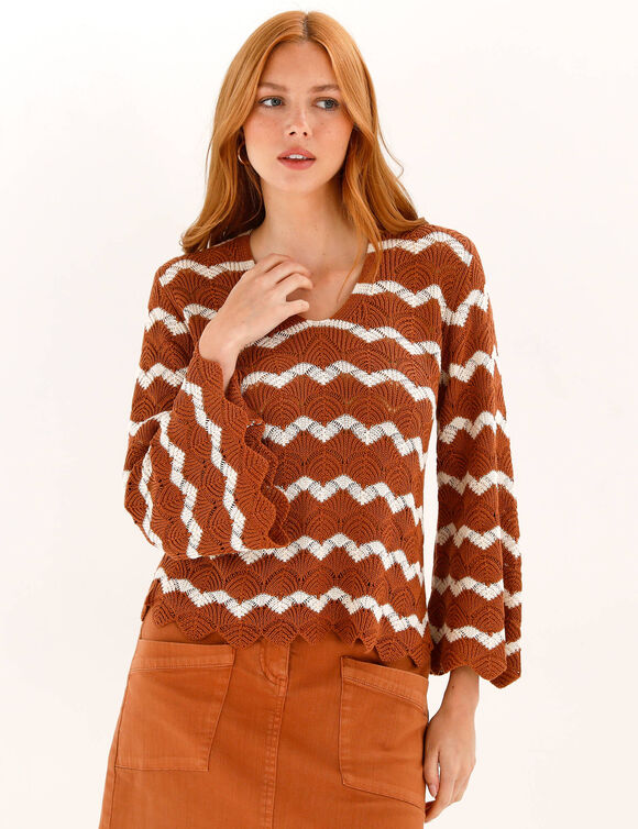 Pull fantaisie, manches pagodes (caramel / &eacute;cru)