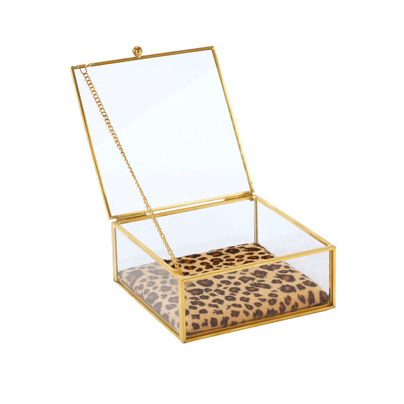 Boîte à bijoux verre et métal, avec coussin léopard (doré)