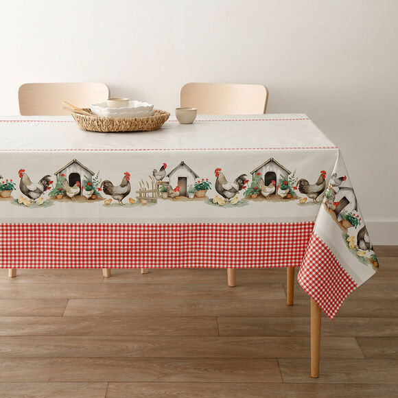 Tafelzeil met kippenmotief (beige / rood)