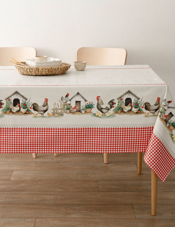 Nappe toile cirée motif poules (beige / rouge)
