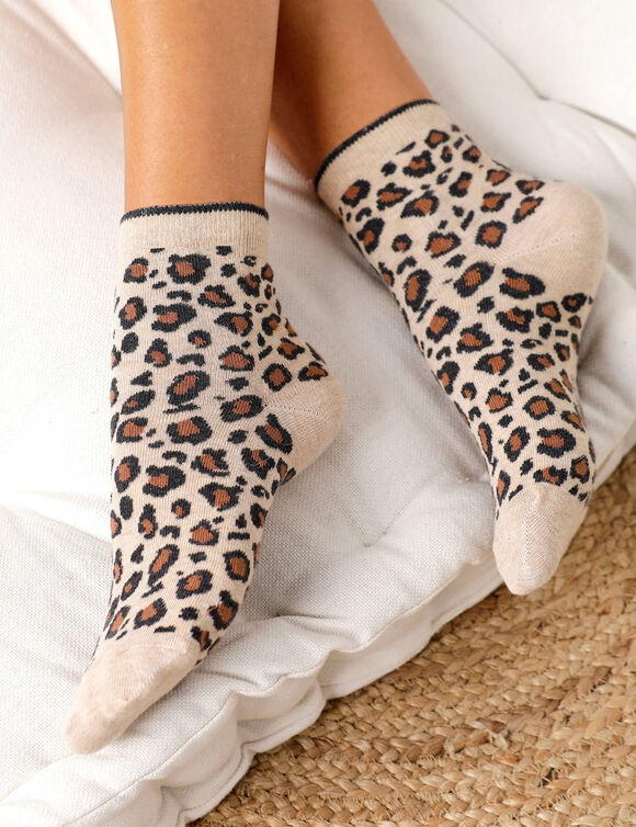 Chaussettes fantaisie motif l&eacute;opard - lot de 3 (gris + caramel + beige)