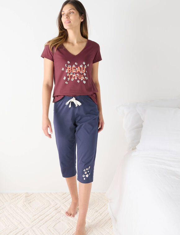 Pantacourt pyjama Beautiful uni imprimé placé (bleu marine)